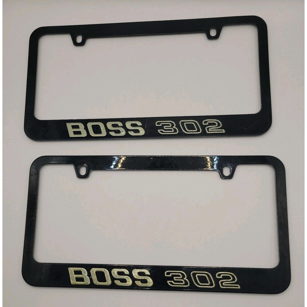 Ford Mustang Boss 302 Black & Gold Metal License Plate Frame Set of 2
